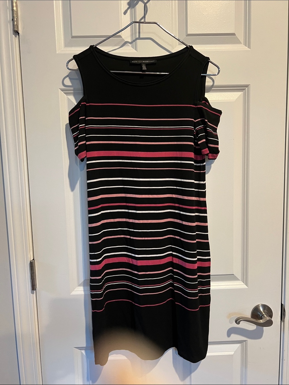 White House Black Market Black Mini Dress with Pink & White Stripes - Size Small